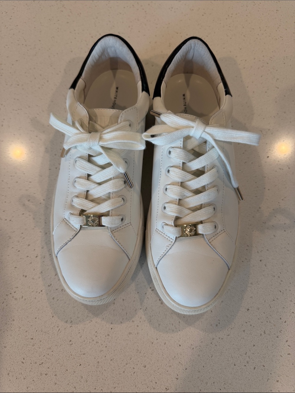 White Leather Lace-Up Sneakers with Black Heel Accent